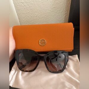Tory Burch Orange Wallet and Black Sunglasses